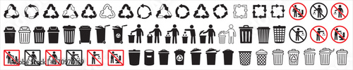 Trash bin icon set. Recycle icons collection. Do not litter in the toilet sign. Littering forbidden signage. Throw the rubbish in the bin sign. Vector sock illustration. Isolated in white background.