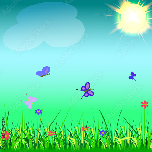 Summer landscape. Grass, flowers, butterflies fly, the sun shines. © Olha