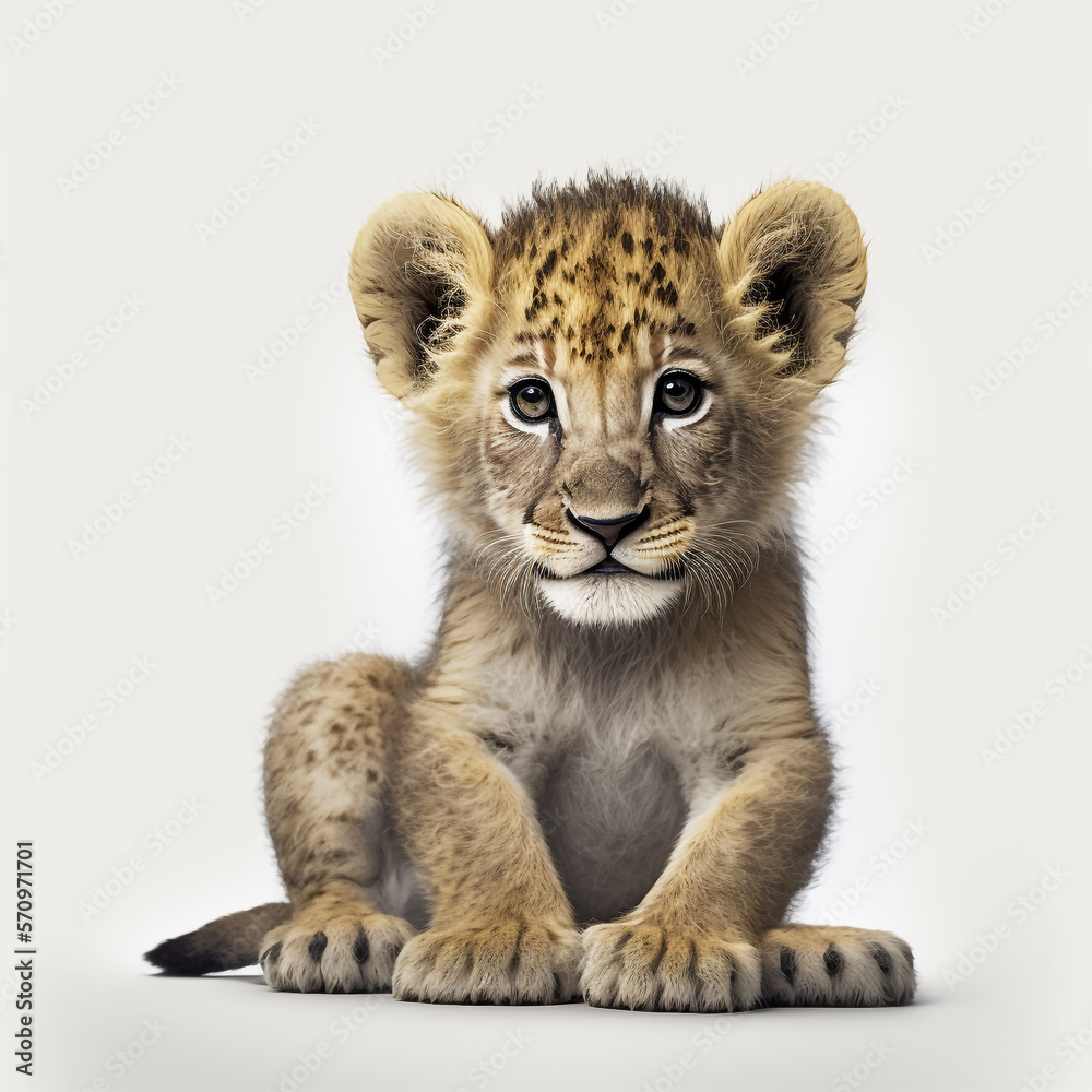 Lion cub cute and fluffy in front of white background. Beautiful nature and wildlife. AI Generated Art.