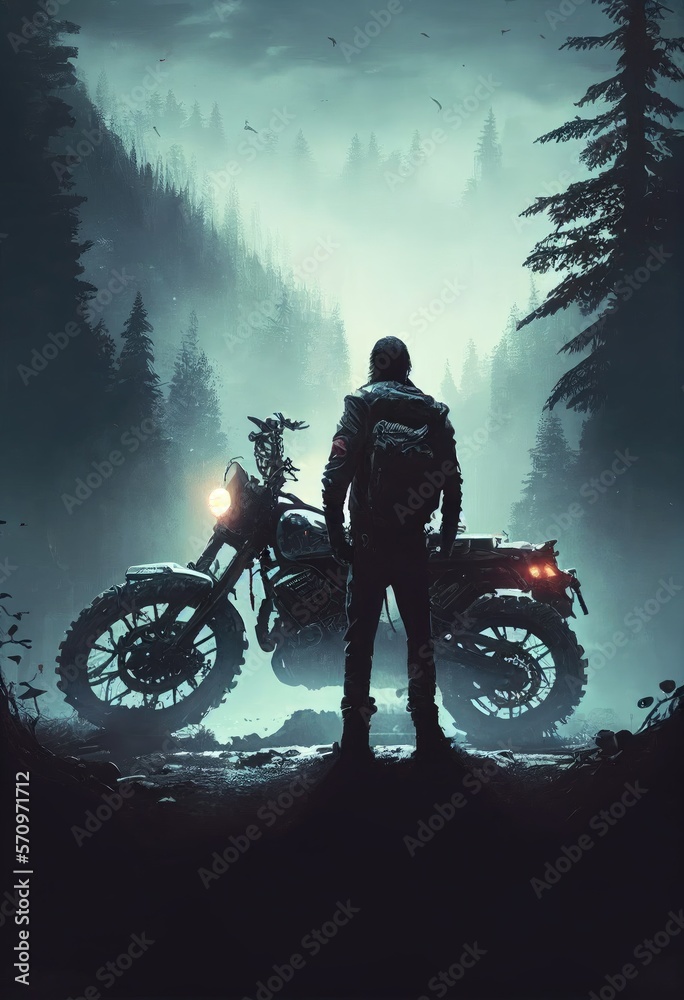Silhouette of a biker and his motorcycle in a foggy cold forest evening landscape