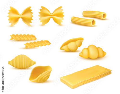 Realistic dry macaroni various kinds set, pasta assortment, italian cuisine, pasta, farfalle, conchiglie, rigatoni, fusilli, gnocchi, lasagne, vector illustration isolated on white background