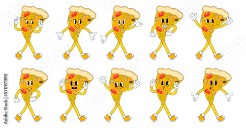 A Set of pizza cartoon groovy stickers with funny comic characters, gloved hands. Modern illustration with legs and arms.
