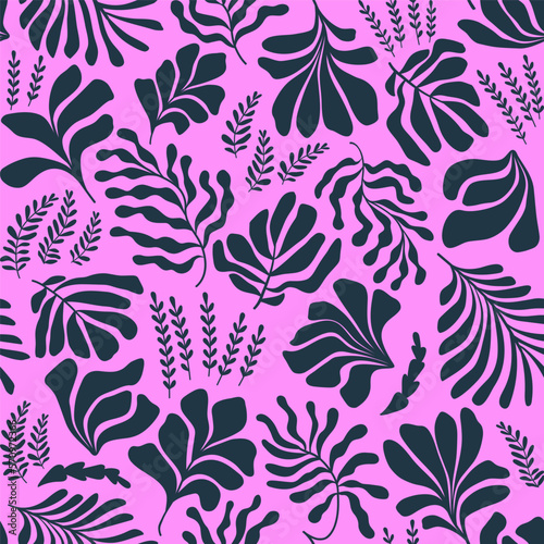 Abstract background with leaves and flowers  Matisse style. Vector seamless pattern with Scandinavian cut out elements.