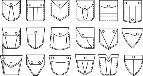 Isolated patch pockets templates. Denim pocket, jacket uniform patches seam decorated. Pants pocketful, outline casual clothes decent vector elements