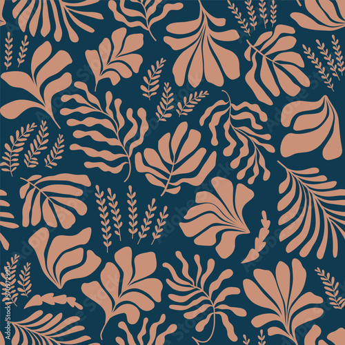 Abstract background with leaves and flowers  Matisse style. Vector seamless pattern with Scandinavian cut out elements.