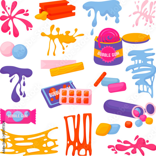 Cartoon gum splashes pink slime. Chewing gums isolated splash. Chews sticky, sweet colorful candies. Children bubblegum neoteric vector collection