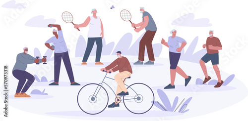 Outdoor seniors sport training, cycling and exercising. Senior grandma and old persons fitness activity. Grandparent running, kicky vector fit characters