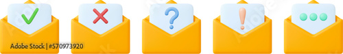 Email 3d letters yellow envelopes icons. Office messages in letter, plastiline envelope with paper sheet. Question and exclamation, approved and reject vector signs