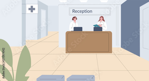 Medical center reception with two assistant or administrators in white coats. Hospital lounge zone, healthcare building vector interior