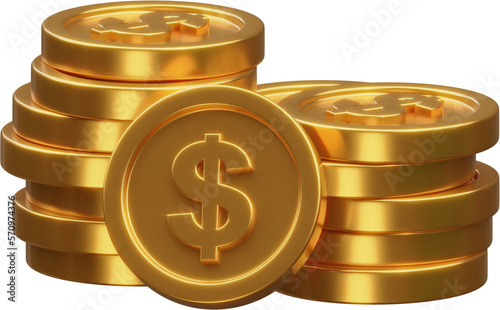 Stack of gold dollar coin currency market financial or investment money banking treasure wealth cash and golden dollar pile economy with business earnings profit sign. 3D render