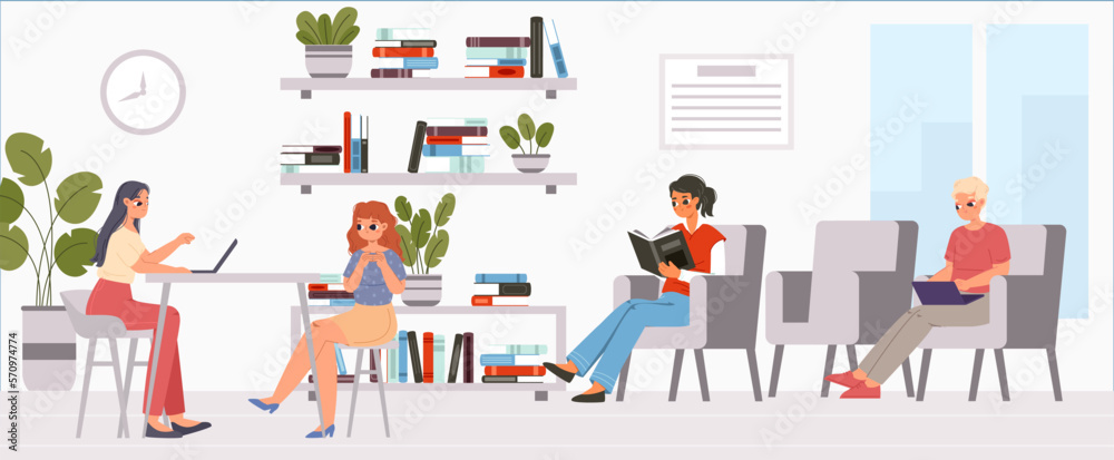 Students on exam with teacher. Interview in office, HR and young waiting employees. Recruitment agency, women and man in waiting line, vector scene Students on exam with teacher. Interview in office, HR and young waiting employees. Recruitment agency, women and man in waiting line, vector scene