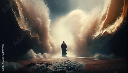 Fotografie, Obraz Moses parting the red sea, old testament, dramatic religions illustration