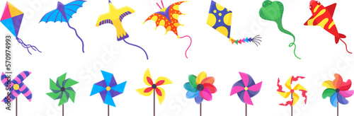 Wind pinwheel toys, colorful windmill toy cartoon design. Children paper kites, color wheel funny kids elements. Summer neoteric vector outdoor games set