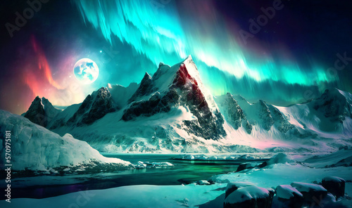 Polar aurora illuminating frosty mountain scenery