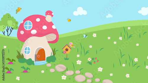 Fairytale mushroom house on green floral meadow. Magic tale location, cartoon landscape with bird, tiny dwarf home and stone path, vector scene