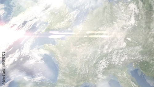 Earth zoom in from outer space to city. Zooming on Bobigny, France. The animation continues by zoom out through clouds and atmosphere into space. Images from NASA photo