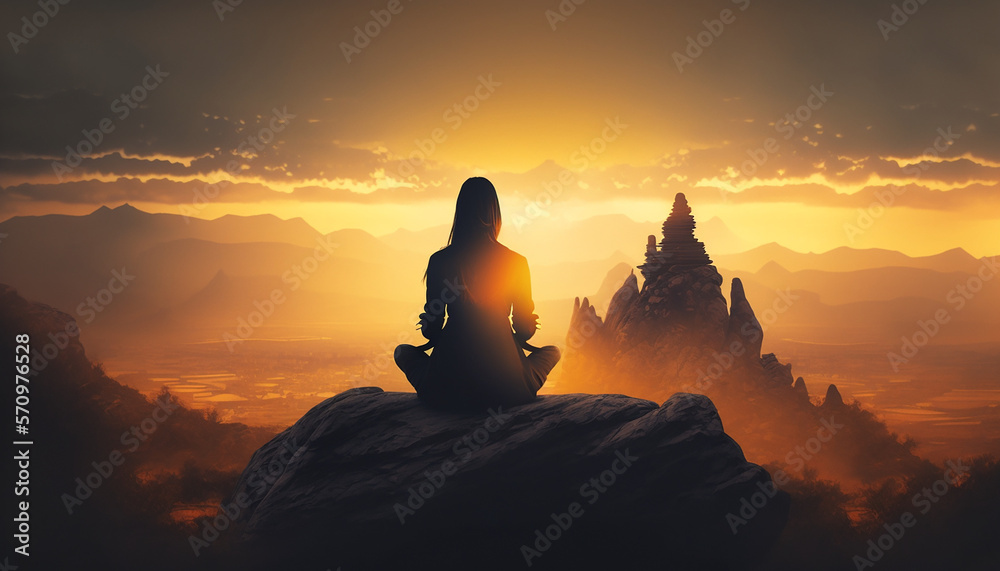 Silhouette of a woman sitting on a rock meditating with an amazing view. Positive mindset, wellbeing and hope concept.