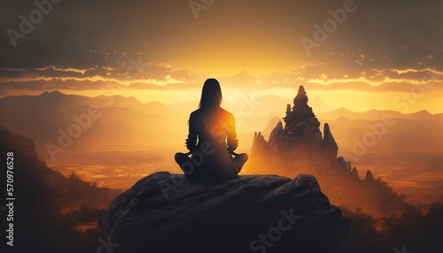 Silhouette of a woman sitting on a rock meditating with an amazing view. Positive mindset, wellbeing and hope concept.