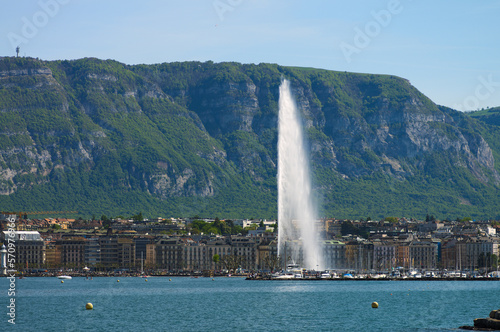 View on Geneva city, harbor and and Jet d'Eau fountain