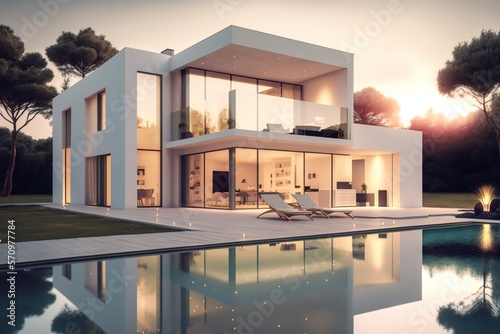Modern two storey house with impressive garden and pool. Sunset light. 3D rendering. Generative AI © losmostachos