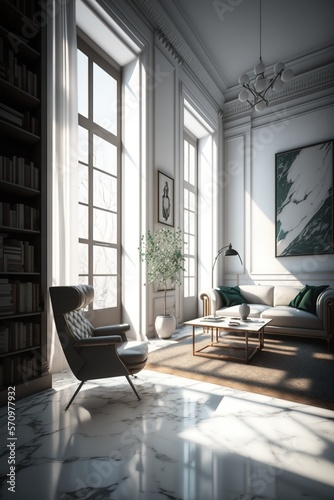 Modern living room with armchair and large windows - Generative AI © losmostachos