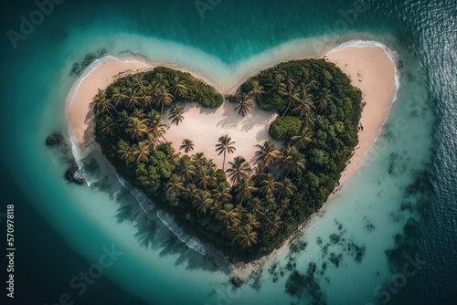 Aerial view of the heart shaped tropical island . Blue ocean sea with wave and small forest and sandy coastline - generative AI