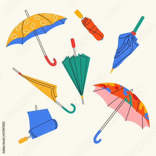 Set of different umbrellas in different positions. Open and folded umbrellas. Bright colors. Hand drawn color vector illustration. Cartoon style. Design templates. All elements are insulated