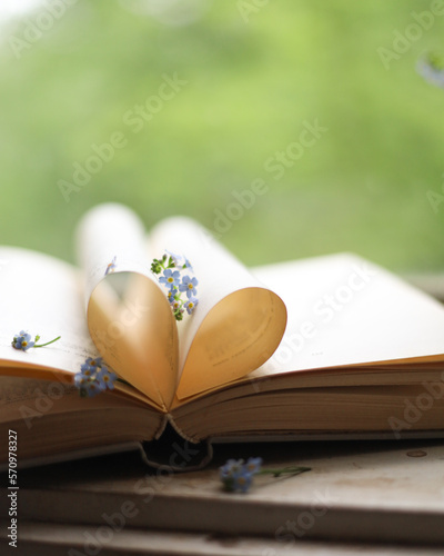 Old book page decorate to heart shape for love in valentine day with blurred background and vintage color tone style. Composition of love with open book heart.selective focus
