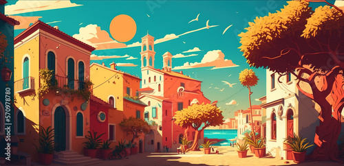 Small fairytale town. Fiction backdrop. Concept Art. Realistic Illustration. Video Game Digital CG Artwork. Industry scenario - Generative AI