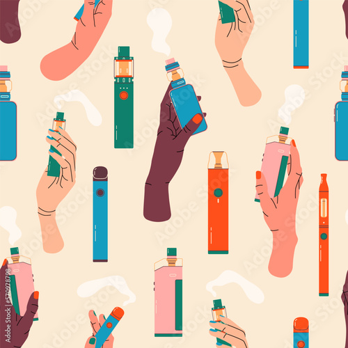 Colorful vape pattern. Electronic cigarettes and vape seamless pattern. Modern vector illustration. Variety of designs vape pens and pod mods. Flat vector design for web.