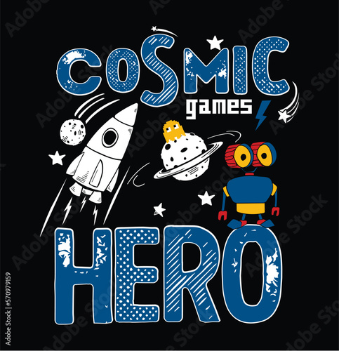 Space robot Vector illustration of little robot cartoon with rocket and planets, coloring book or page