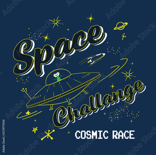 Space rocket Vector illustration of little robot cartoon with rocket and planets, coloring book or page