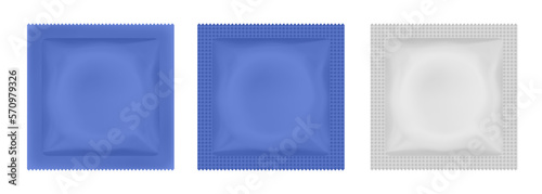 Blue condom packaging mockup. Contraception method, safe love. Foil pouch