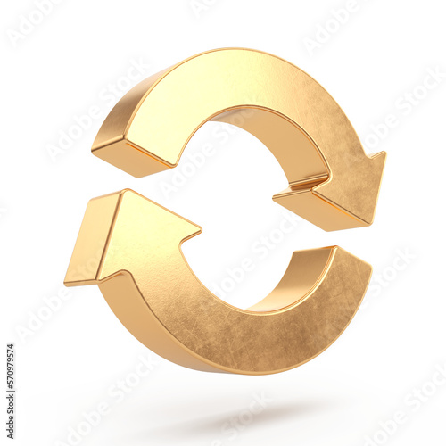 Two arrows icon - update symbol. 3d gold update, refresh icon - 3d rendering