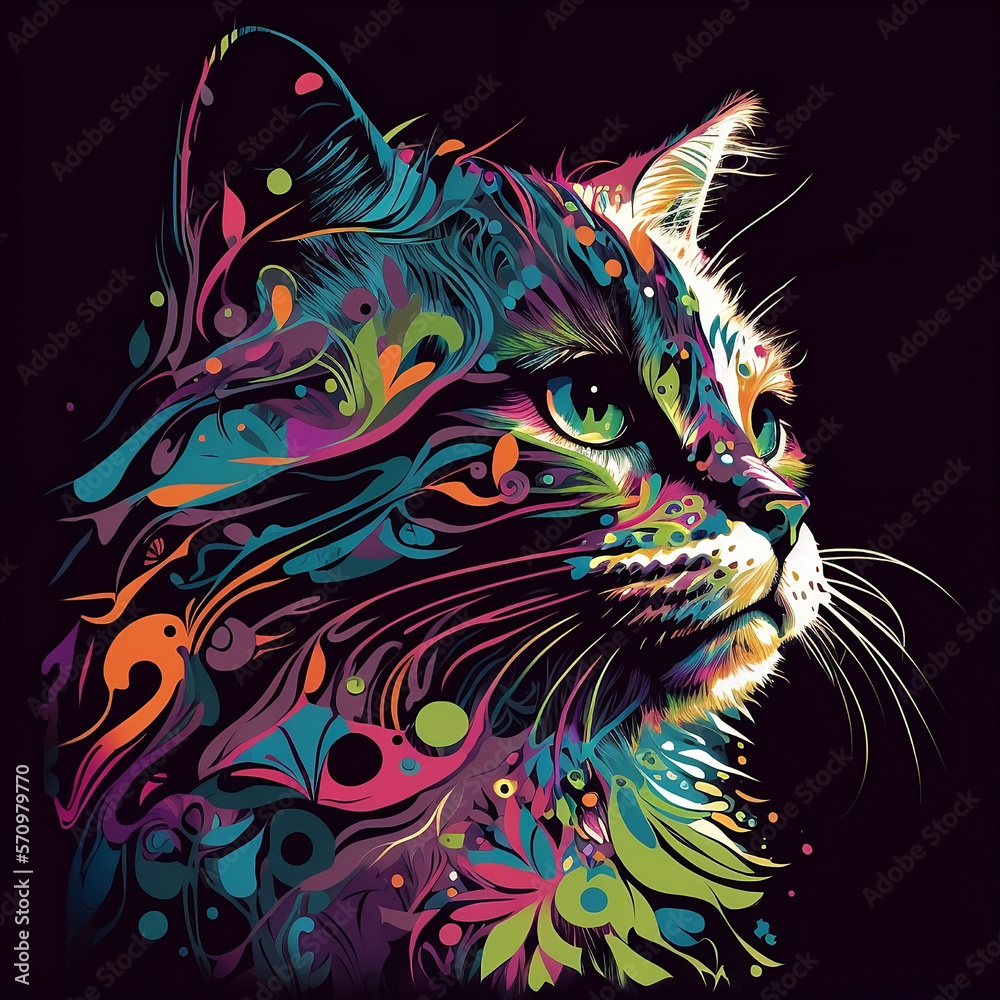 Abstract colorful cat on a black background. Generative AI technology. Abstract colorful cat on a black background. Generative AI technology.