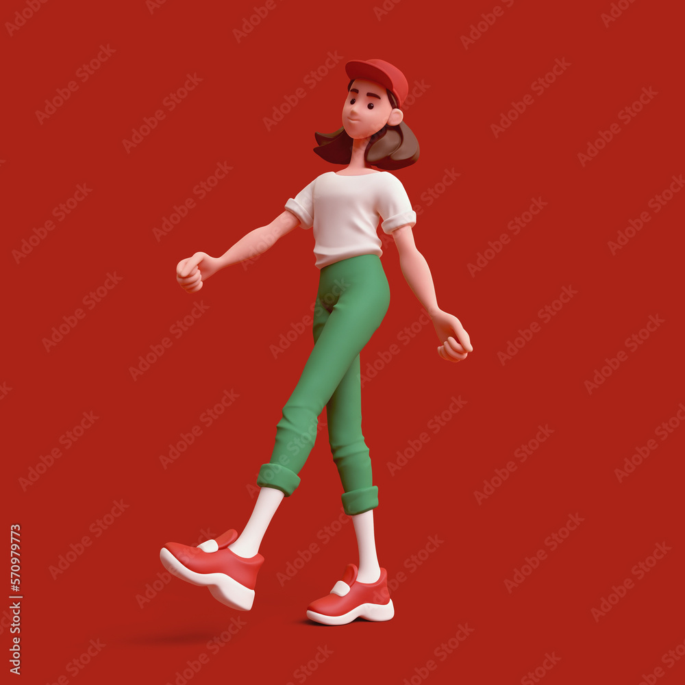Cute tall excited smiling positive funny asian colorful active brunette k-pop girl wears fashion clothes green pants t-shirt, cap, socks, red sneakers walks has fun rejoices. 3d render on red backdrop Cute tall excited smiling positive funny asian colorful active brunette k-pop girl wears fashion clothes green pants t-shirt, cap, socks, red sneakers walks has fun rejoices. 3d render on red backdrop