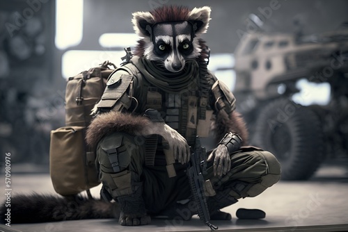 Portrait of a lemur dressed in a military tactical uniform, generative ai