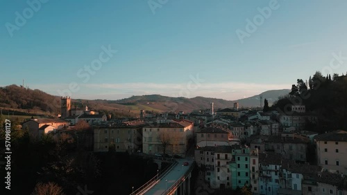 Italy, February 2023: aerial view of the medieval village of Pergola in the province of Pesaro Urbino in the Marche region