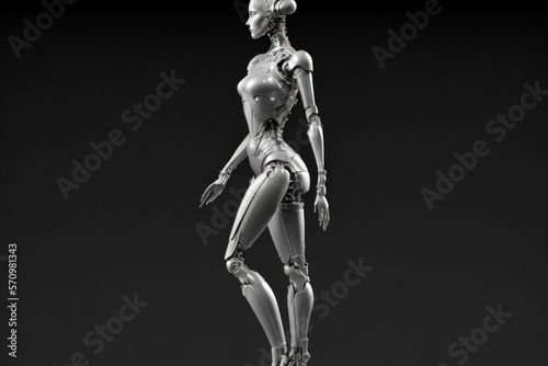 Futuristic AI artificial intelligence android woman model profile, technology feminine 3D dark black background, ai.