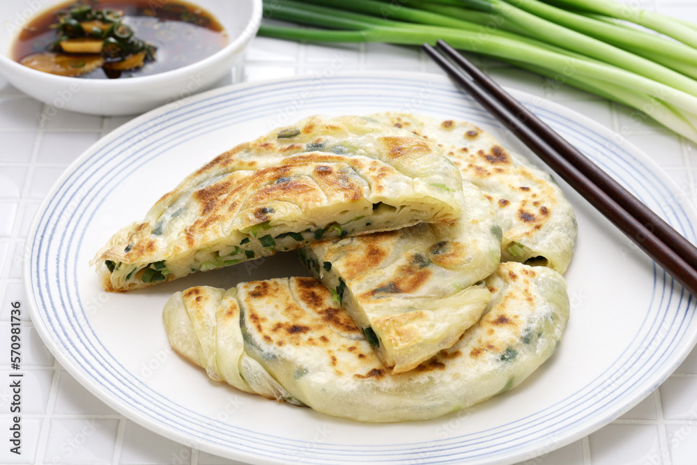 Homemade Chinese green onion pancakes. The inside is layered.