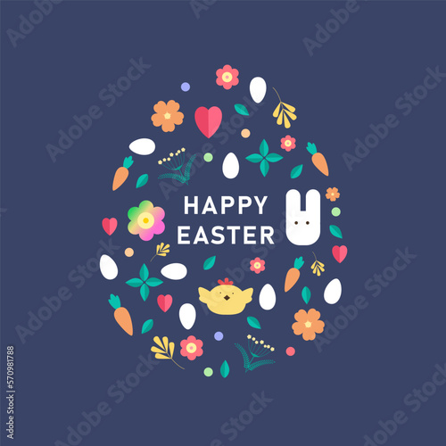 Happy easter Ornament in the form of an egg, spring symbols, eggs, rabbit, flowers. Abstract patterns, geometric patterns for the holiday of Easter. Vector