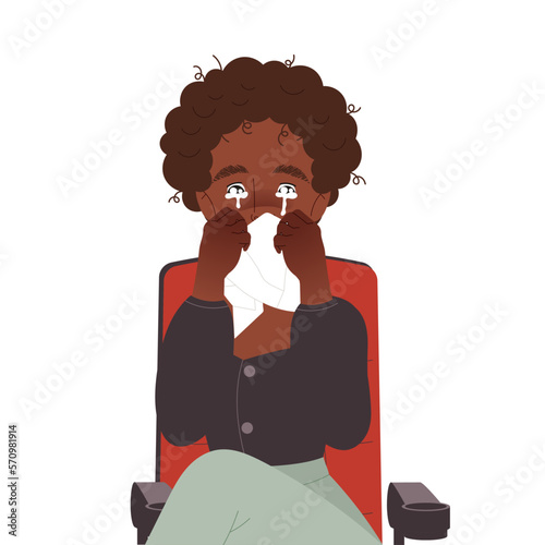 Woman Crying Sitting in Cinema Watching Movie Vector Illustration