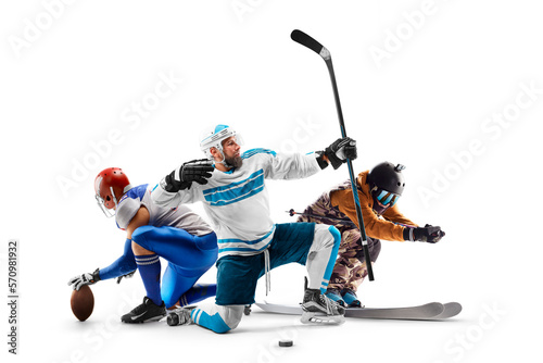 Different sports. Sitting. Hockey, football, skiing. Professional athletes