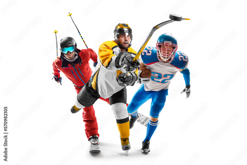 Obraz premium Skiing, hockey, football. Sport in action. Sport emotion. Professional athletes. Sport collage. Isolated in white