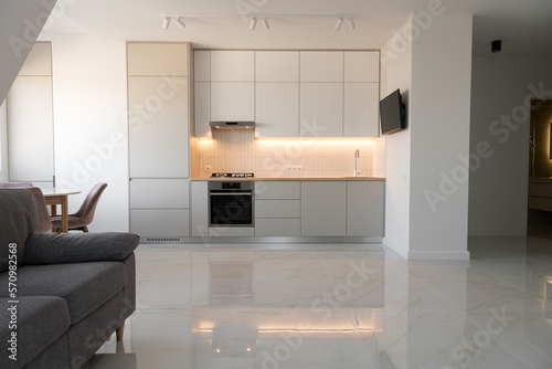 Modern Contemporary kitchen room interior .white and wood material. real new interior design © Nelea Reazanteva