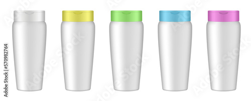 Set of white cosmetic bottles with white, yellow, green, blue and pink caps. Realistic mockup. Korean packaging. Lotion or shower gel. Conditioner or hair mask