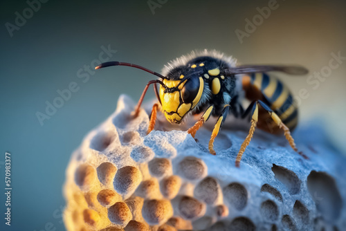 Wasp sitting on top of wasp nest close up. Common wasp. generative AI 