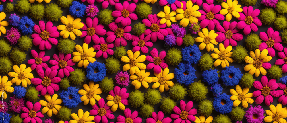A colorful mix of spring flowers. Top view. Generative AI illustration