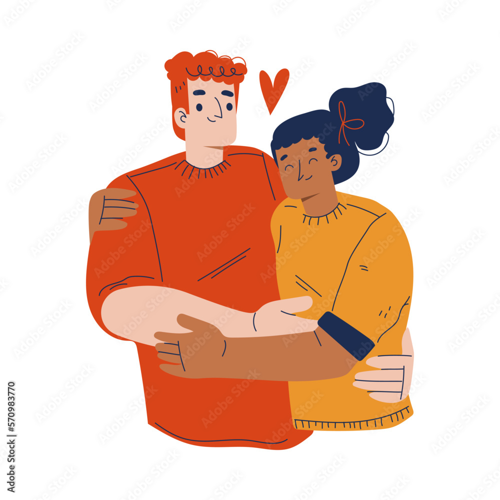 Happy Man and Woman Couple Hugging Feeling Love and Positive Emotion Vector Illustration