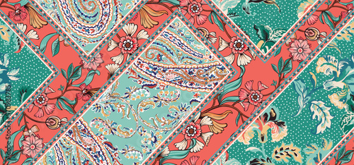 patchwork floral pattern with paisley and indian flower motifs. damask style pattern for textil and decoration 